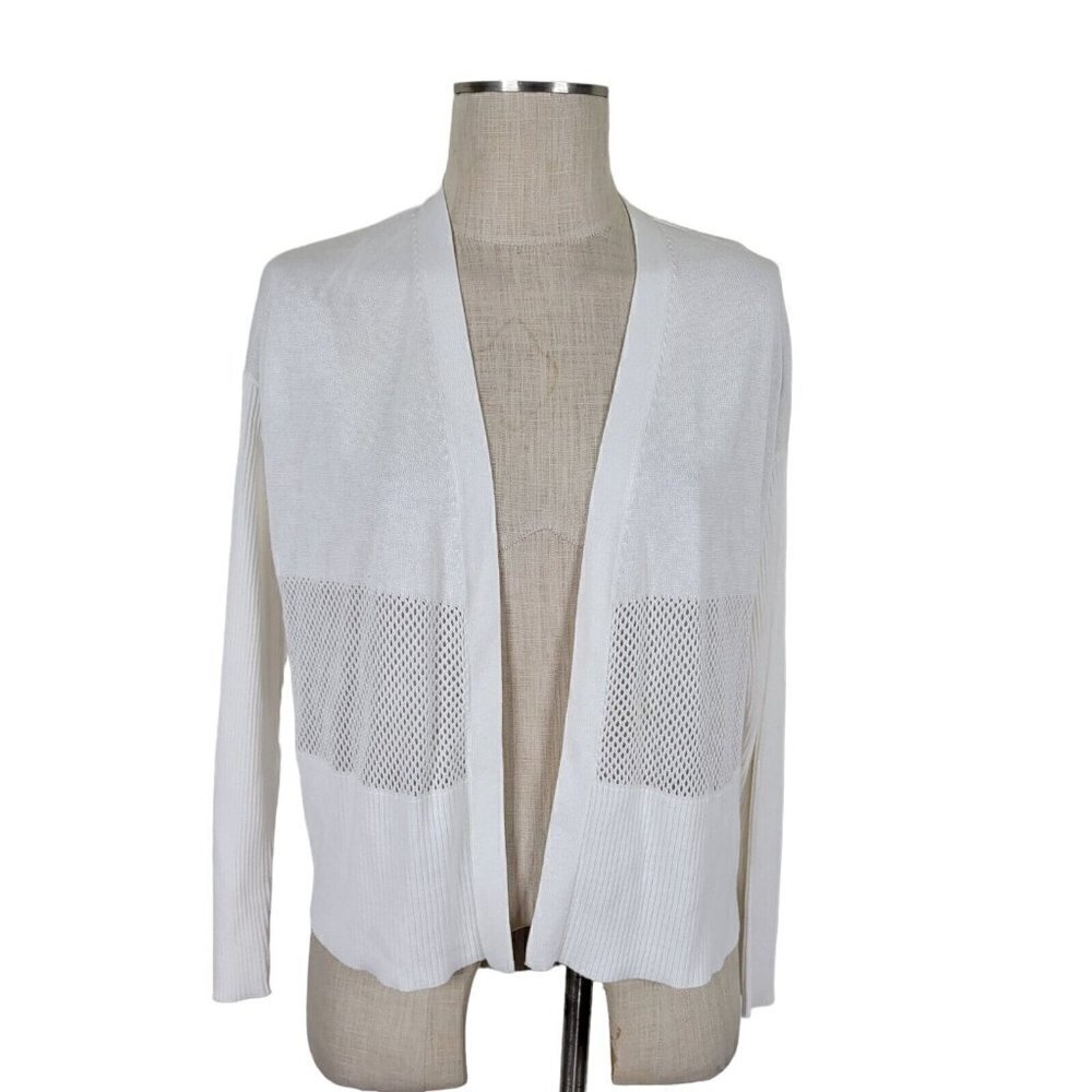 Vince Camuto Cardigan Size S Open Front Cut Out Center 3/4 Ribbed Sleeve White